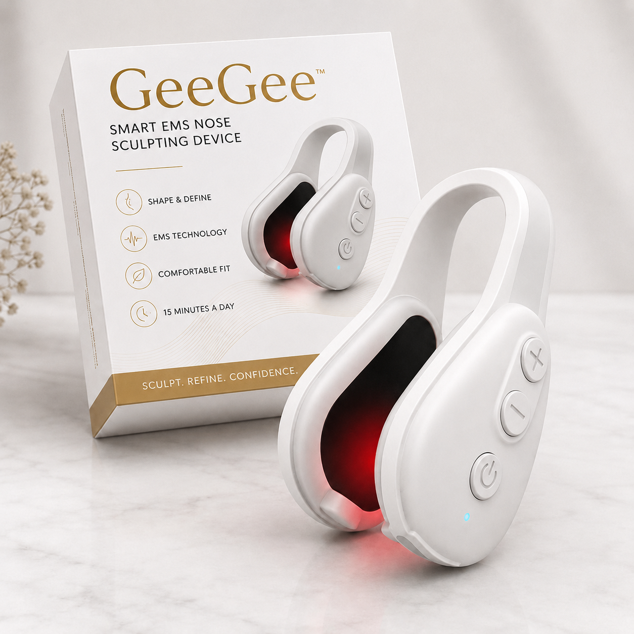 GeeGee™ smart EMS nose sculpting device with red light therapy beside its retail box